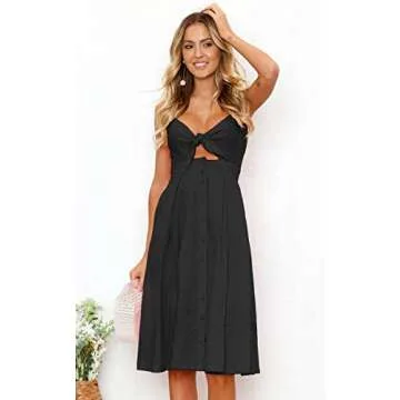 ECOWISH Women 2024 Summer Dresses Tie Front V-Neck Spaghetti Strap Button Down A-Line Backless Swing Midi Dress 572 Black L