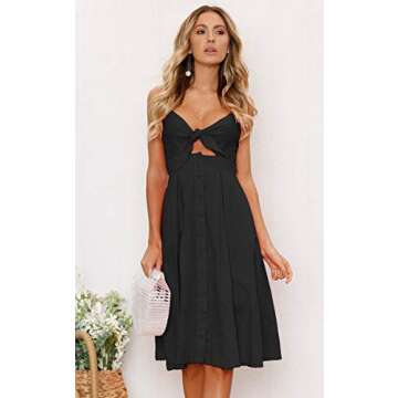 ECOWISH Women 2024 Summer Dresses Tie Front V-Neck Spaghetti Strap Button Down A-Line Backless Swing Midi Dress 572 Black L