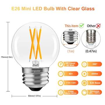 Dimmable E26 LED Bulb 4W Equal E26 40 Watt Light Bulb, 6 Pack G16.5 Light Bulbs Warm White 2700K, 4W...