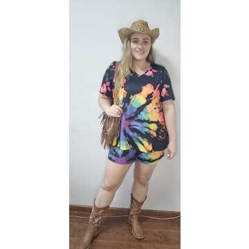 CARCOS Womens Plus Size 2 Piece Shorts Set 2X Tie Dye Summer Track Suits Sets Black Rainbow Short Sl...