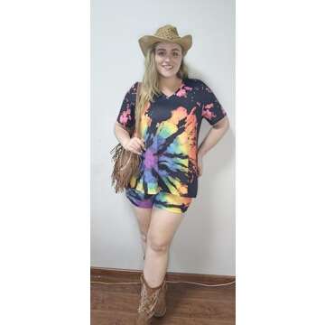 CARCOS Womens Plus Size 2 Piece Shorts Set 2X Tie Dye Summer Track Suits Sets Black Rainbow Short Sleeve Vneck Tshirts Lounge Set for Women Vacation Outfits with Pocket 2XL 18W 20W