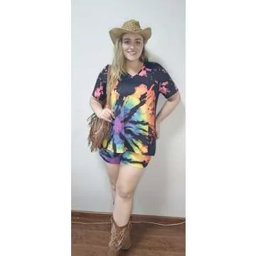 CARCOS Womens Plus Size 2 Piece Shorts Set 2X Tie Dye Summer Track Suits Sets Black Rainbow Short Sleeve Vneck Tshirts Lounge Set for Women Vacation Outfits with Pocket 2XL 18W 20W