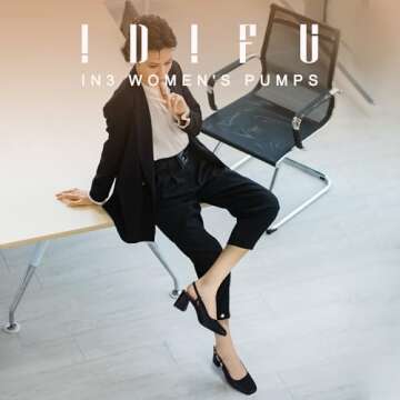 IDIFU Black Heels Closed Toe Women's Pumps Chunky Heels Low Slingback Block Square Toe Short Heels W...