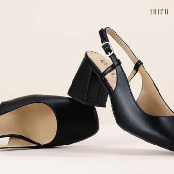 IDIFU Black Heels Closed Toe Women's Pumps Chunky Heels Low Slingback Block Square Toe Short Heels Wedding Bride Prom Office Bridal Dress Shoes for Women Comfortable Cute Pumps Shoes(Black Pu, 7.5)