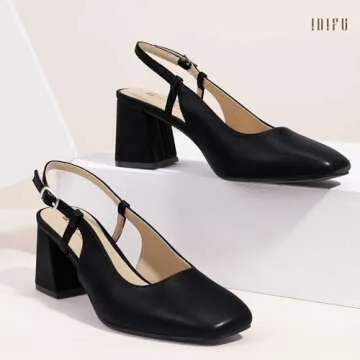 IDIFU Black Heels Closed Toe Women's Pumps Chunky Heels Low Slingback Block Square Toe Short Heels Wedding Bride Prom Office Bridal Dress Shoes for Women Comfortable Cute Pumps Shoes(Black Pu, 7.5)