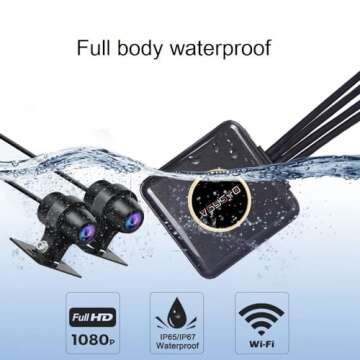 VSYSTO WiFi Motorcycle Dash Cam, Full Body Waterproof HD 1080P Front and Rear Sport Accident Proof Camera DVR for Motor Bike, Night Vision G-Sensor Loop Recording