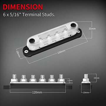 DAIERTEK 12V Bus Bar 6 x 5/16" (M8) Terminal Studs 12 Volt Power Distribution Block with Cover Batte...