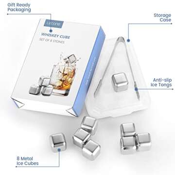 Lecone Whiskey Ice Cubes Reusable Ice Cubes for Drinks, 8PCS Whiskey Stones Set Stainless Steel Ice ...