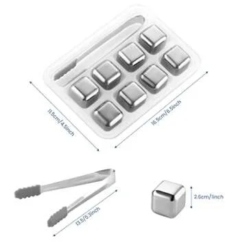 Lecone Whiskey Ice Cubes Reusable Ice Cubes for Drinks, 8PCS Whiskey Stones Set Stainless Steel Ice Cube with Ice Tongs For Whiskey, Vodka, Liqueurs, Wine, Beverage Juice or Soda