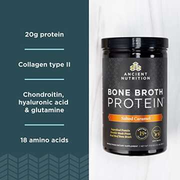 Bone Broth Protein Powder by Ancient Nutrition, Salted Caramel, 19g Protein per Serving, Beef, Supports Healthy Skin, Gut Health, Joint Supplement, Gluten Free, Paleo and Keto Friendly, 20 Servings