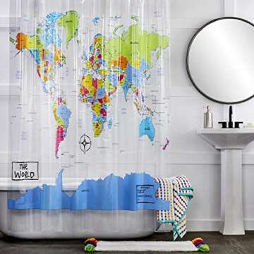 SKL Home World Map Shower Curtain - 70x72 Inches - Waterproof & Easy Care