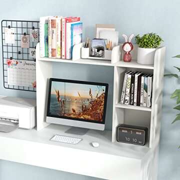 Tangkula Desktop Bookshelf, Countertop Storage Hutch with 5 Shelves for Computer Desk, Desktop 3-Tie...
