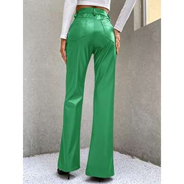 WDIRARA Women's High Waist Pockets Straight Leg Jeans Leather Look Leather Slit Hem Flare Bell Zipper Pants Green M