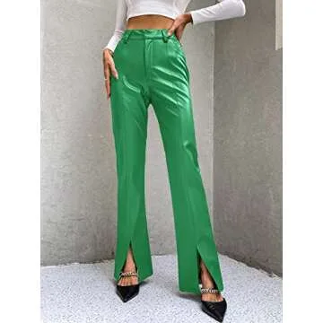 WDIRARA Women's High Waist Pockets Straight Leg Jeans Leather Look Leather Slit Hem Flare Bell Zipper Pants Green M