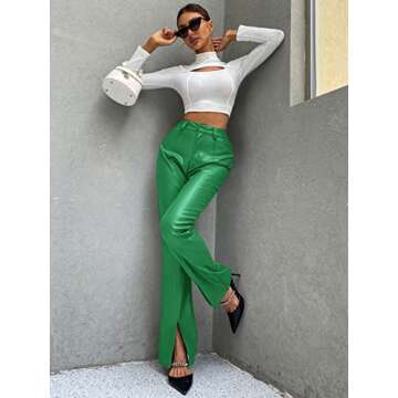 WDIRARA Women's High Waist Pockets Straight Leg Jeans Leather Look Leather Slit Hem Flare Bell Zipper Pants Green M