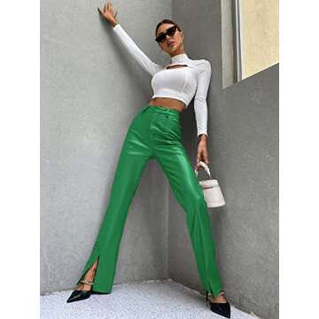 WDIRARA Women's High Waist Pockets Straight Leg Jeans Leather Look Leather Slit Hem Flare Bell Zipper Pants Green M