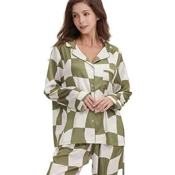 YiNi LuLu Womens Silk Satin Pajamas Set Button Down 2 Piece Pjs Set For Women Long Sleeve Oversized Sleepwear with Pockets Green Plaid