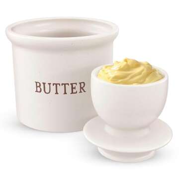 KooK Butter Keeper Dish, French Ceramic Crock for Counter with Lid, Embossed Container, for Soft But...