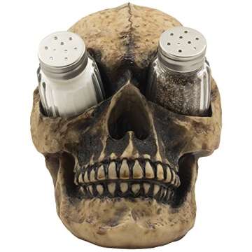 Scary Evil Human Skull Salt and Pepper Shaker Set Figurine Display Stand Holder for Spooky Halloween Party Decorations & Gothic Kitchen Decor Collectible or Novelty Gifts by Home-n-Gifts