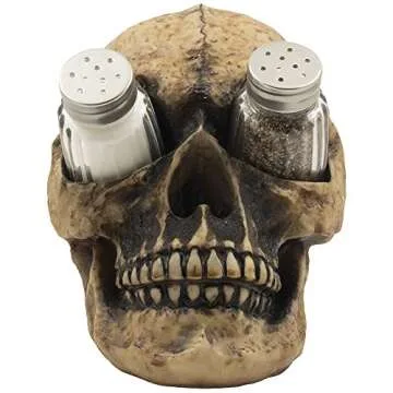 Scary Evil Human Skull Salt and Pepper Shaker Set Figurine Display Stand Holder for Spooky Halloween Party Decorations & Gothic Kitchen Decor Collectible or Novelty Gifts by Home-n-Gifts