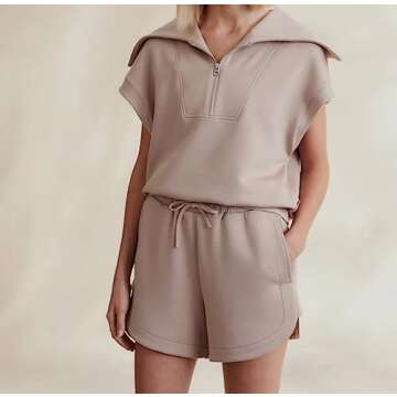 PICPUNMAK Woman Two Piece Half Zip Sweatshirt Shorts Set Lapel Collar Cap Sleeve Sweatshirts Drawstring High Waist Shorts