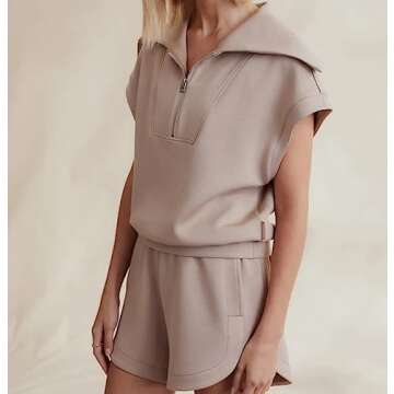 PICPUNMAK Woman Two Piece Half Zip Sweatshirt Shorts Set Lapel Collar Cap Sleeve Sweatshirts Drawstring High Waist Shorts