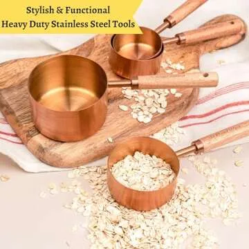 Copper Stainless Steel Measuring Cups and Spoons Set of 8, Wooden Handle with US Measurements, Metric Cups and Spoons for cooking and baking