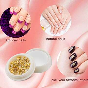 Maitys 104 Pieces Letter Nail Studs 3D Capital Charms Letters and Rhinestone Crystal Nail Decals English Alphabet Fingernail Art Decoration for Women Female DIY Fingernail Art(Gold)