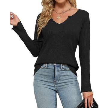 Womens Sweaters Fall 2024 V Neck Long Sleeve Tops Loose Fit Black Sweatshirts Y2K Tops Black S