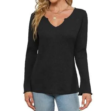 Womens Sweaters Fall 2024 V Neck Long Sleeve Tops Loose Fit Black Sweatshirts Y2K Tops Black S