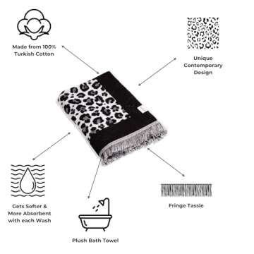 InfuseZen Large Plush Turkish Bath & Beach Towel - Reversible Leopard Design – 100% Organic Turkish Cotton – Heavyweight Bath Sheet – Soft, Absorbent, Quick Dry – for Pool, Spa, Wrap - Black