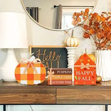 5 Pcs Fall Wooden Decor - 3 Pcs Faux Decorative Book Stack & 2 Pcs Pumpkin Happy Fall Decorations Wooden Signs, Fall Tiered Tray Decor for Farmhouse Autumn Harvest Thanksgiving Decorations