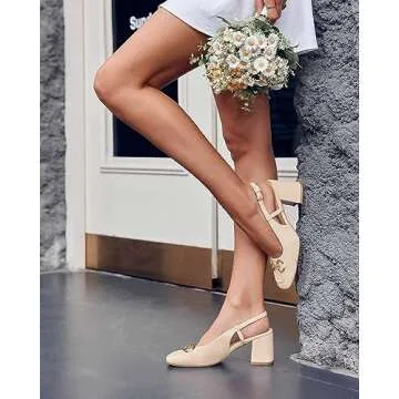 Coutgo Women's Slingback Chunky Block Heels Pumps Square Toe Metal Buckle Party Dress Work Shoes, Nude Pink, Size 6.5