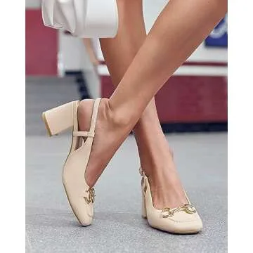 Coutgo Women's Slingback Chunky Block Heels Pumps Square Toe Metal Buckle Party Dress Work Shoes, Nude Pink, Size 6.5