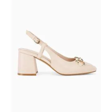 Coutgo Women's Slingback Chunky Block Heels Pumps Square Toe Metal Buckle Party Dress Work Shoes, Nude Pink, Size 6.5