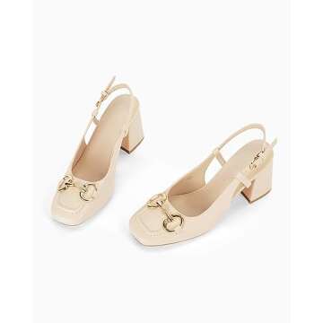 Coutgo Women's Slingback Chunky Block Heels Pumps Square Toe Metal Buckle Party Dress Work Shoes, Nude Pink, Size 6.5