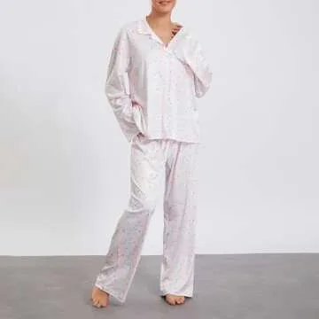 Women 2 Piece Floral Pajamas Lounge Set Y2k Long Sleeve Button Down Shirts Wide Leg Pants Pjs Matching Sets Fall Sleepwear 26_Flowers_Pink,Small