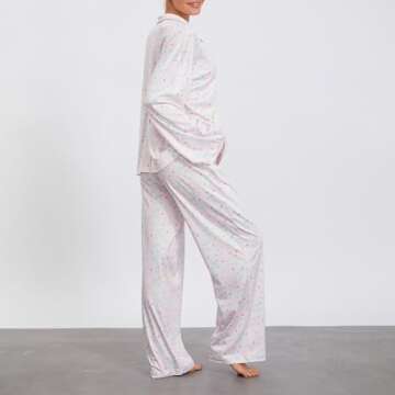 Women 2 Piece Floral Pajamas Lounge Set Y2k Long Sleeve Button Down Shirts Wide Leg Pants Pjs Matching Sets Fall Sleepwear 26_Flowers_Pink,Small