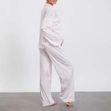 Women 2 Piece Floral Pajamas Lounge Set Y2k Long Sleeve Button Down Shirts Wide Leg Pants Pjs Matching Sets Fall Sleepwear 26_Flowers_Pink,Small