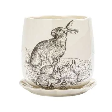 Creative Co-Op 6.5 Inches Round Stoneware Planter with Rabbit Design and Scalloped Saucer, Holds 5 I...