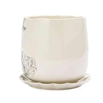 Creative Co-Op 6.5 Inches Round Stoneware Planter with Rabbit Design and Scalloped Saucer, Holds 5 Inches Pot, White and Charcoal, Set of 2