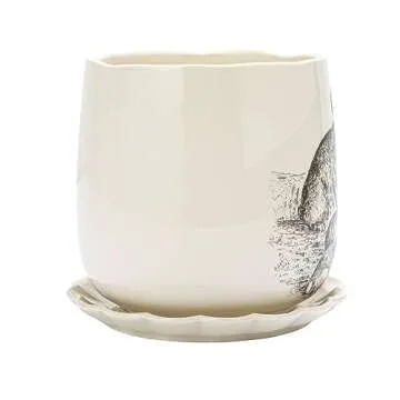 Creative Co-Op 6.5 Inches Round Stoneware Planter with Rabbit Design and Scalloped Saucer, Holds 5 Inches Pot, White and Charcoal, Set of 2