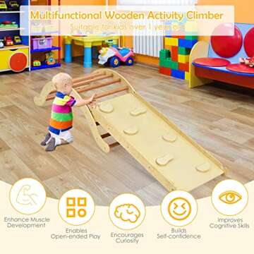 Costzon Climbing Toys for Toddlers, 3-in-1 Montessori Wooden Arch Climber Ladder Structure with Rock Climbing Ramp/Padding, Indoor Gym Learning Playset, Playground for Kids Gift