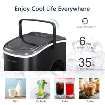 Joy Pebble Bullet Ice Maker Countertop with Handle, 9 Bullet Ice Cubes Ready in 6 Mins, 26.5Lbs/24H, Self-Cleaning Portable Ice Machine with Basket and Scoop, for Home/Kitchen/Camping/RV