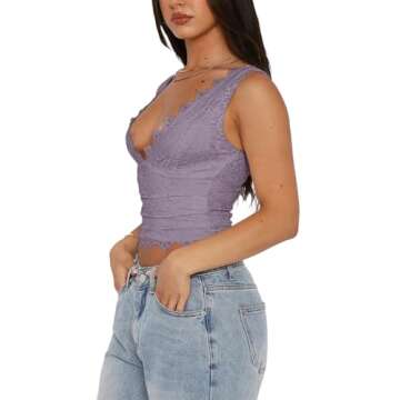 REORIA Womens Summer Tops Sexy V-Neck Sleeveless Double Lined Fashion Going Out Y2K Tank Tops Trendy Lace Slimming Crop Tops for Teen Girls Hazy Lilac Small