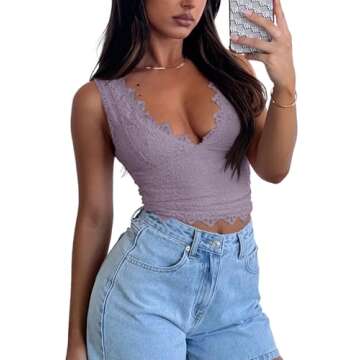 REORIA Womens Summer Tops Sexy V-Neck Sleeveless Double Lined Fashion Going Out Y2K Tank Tops Trendy Lace Slimming Crop Tops for Teen Girls Hazy Lilac Small