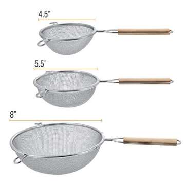 U.S. Kitchen Supply - 8", 5.5" and 4" Sizes. Set of 3 Premium Quality-Double Mesh Extra Fine Stainless Steel Strainers with Comfortable Wooden Handles.