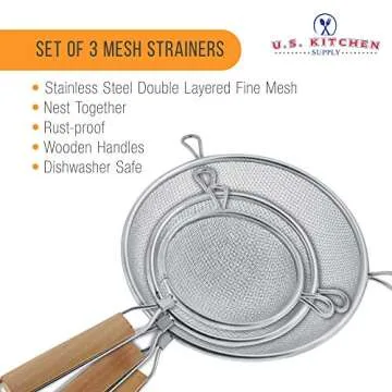 U.S. Kitchen Supply - 8", 5.5" and 4" Sizes. Set of 3 Premium Quality-Double Mesh Extra Fine Stainless Steel Strainers with Comfortable Wooden Handles.