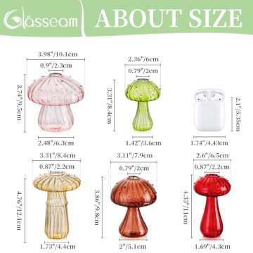Glasseam Mushroom Glass Planter, Set of 5 Colored Plant Propagation Station, Mini Terrarium for Plants, Unique Small Glass Vase for Flowers, Cute Hydroponic Indoor Planters Gifts for Women Room Decor