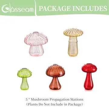 Glasseam Mushroom Glass Planter, Set of 5 Colored Plant Propagation Station, Mini Terrarium for Plants, Unique Small Glass Vase for Flowers, Cute Hydroponic Indoor Planters Gifts for Women Room Decor